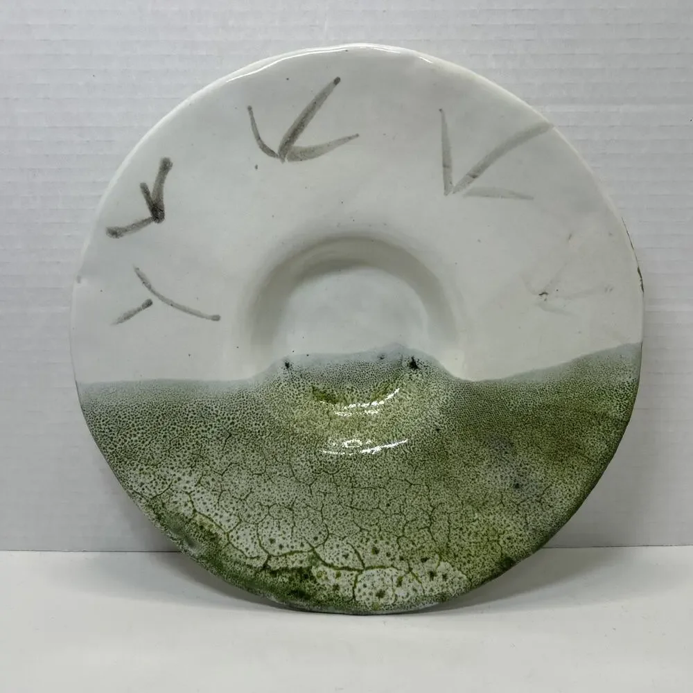 Studio Art Pottery Candle Holder Green White Lava Glaze Centerpiece Footed Sign